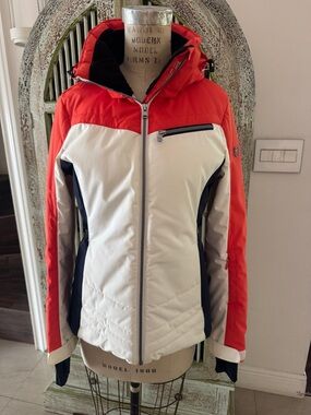 Women's Red & White Insulated Ski Jacket with Hood